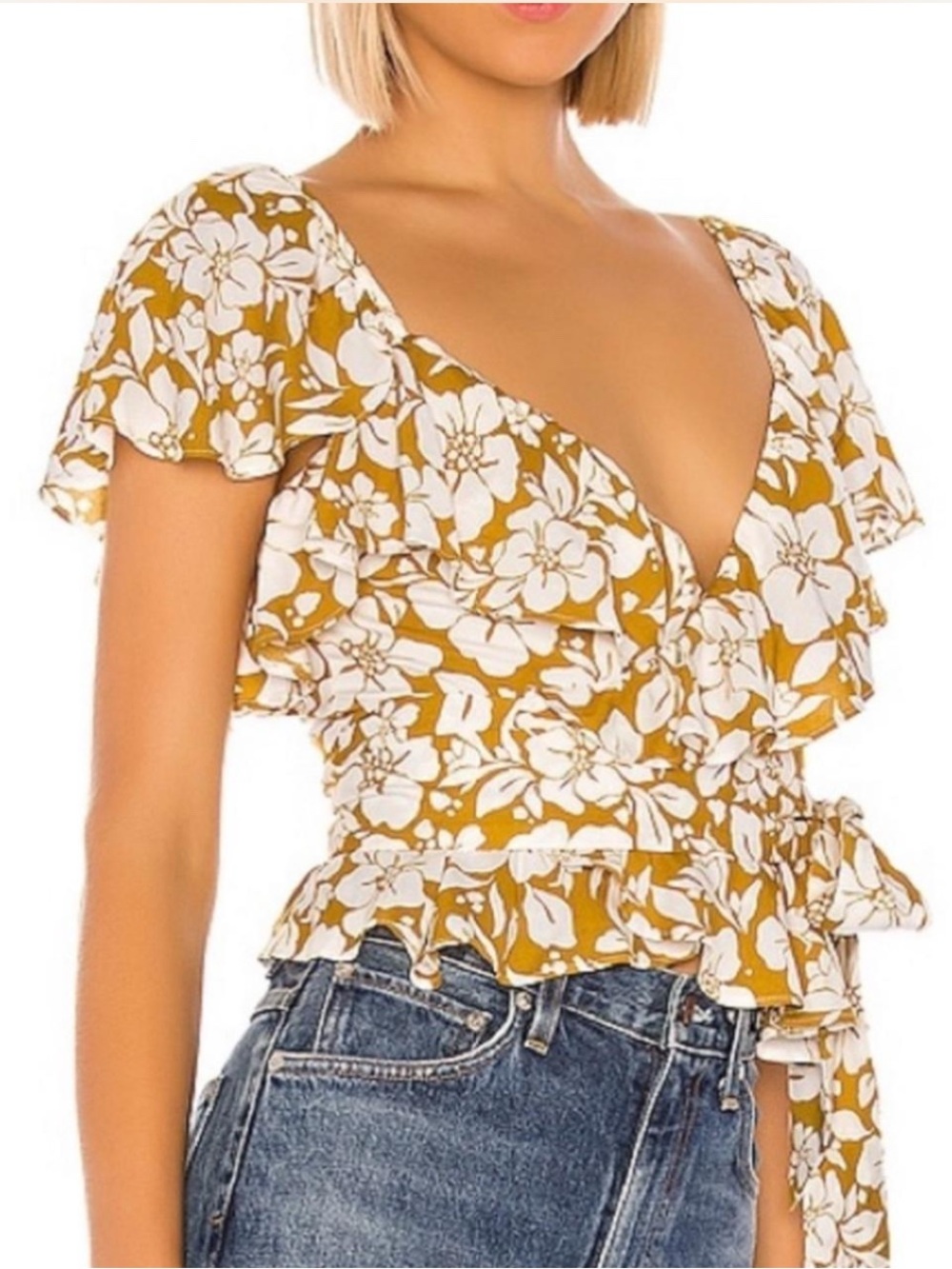 Tularosa mustard & cream floral print blouse with ruffle detail size L